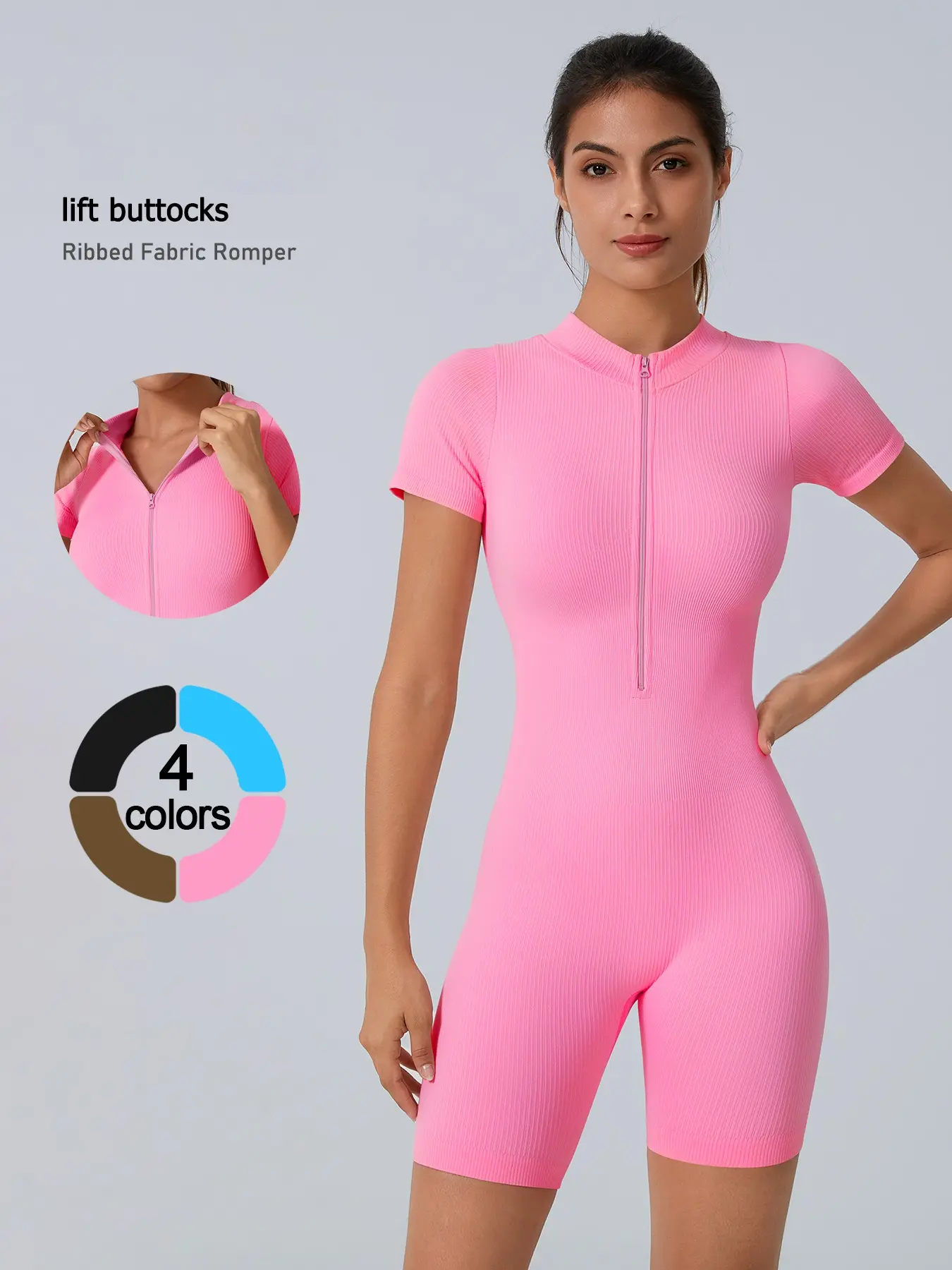 Women's Sportswear Bodysuit, Slim Fit Design, Invisible Zipper, Adjustable Neckline, Ribbed Knit Fabric, Tall and Slender Look, Ribbed Sport Jumpsuits