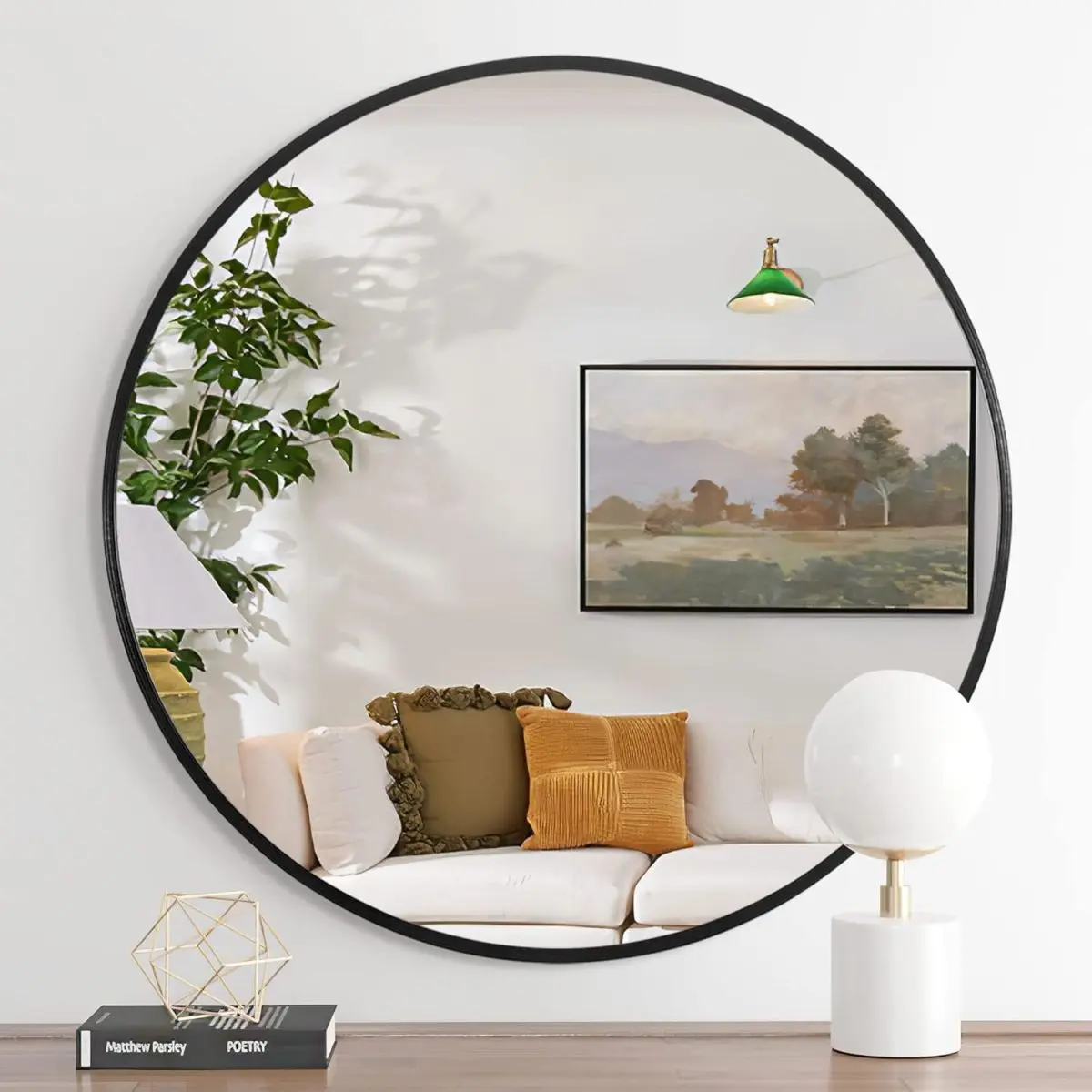 32-Inch Decorative Vanity Round Circle Mirror, Black Aluminum-Alloy Frame, MDF Backing, 4mm HD Shatterproof Glass, Anti-Rust, Easy Installation for Bathroom Decor, Safety-Focused Sharp Reflection