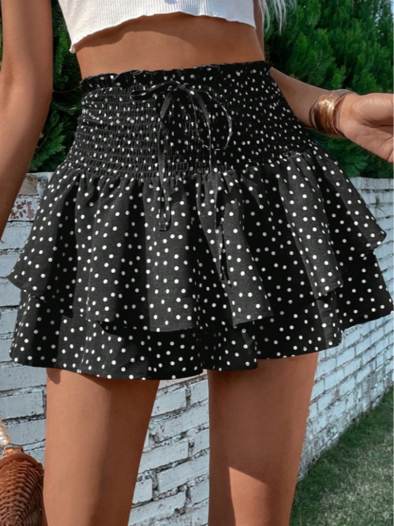 Women's Floral Print Woven Frill Trim Shirred Tiered Layer Shorts, Casual Loose High Waist Tie Front Drawstring Wide Leg Shorts for Spring & Fall, Women's Bottoms for Daily Wear