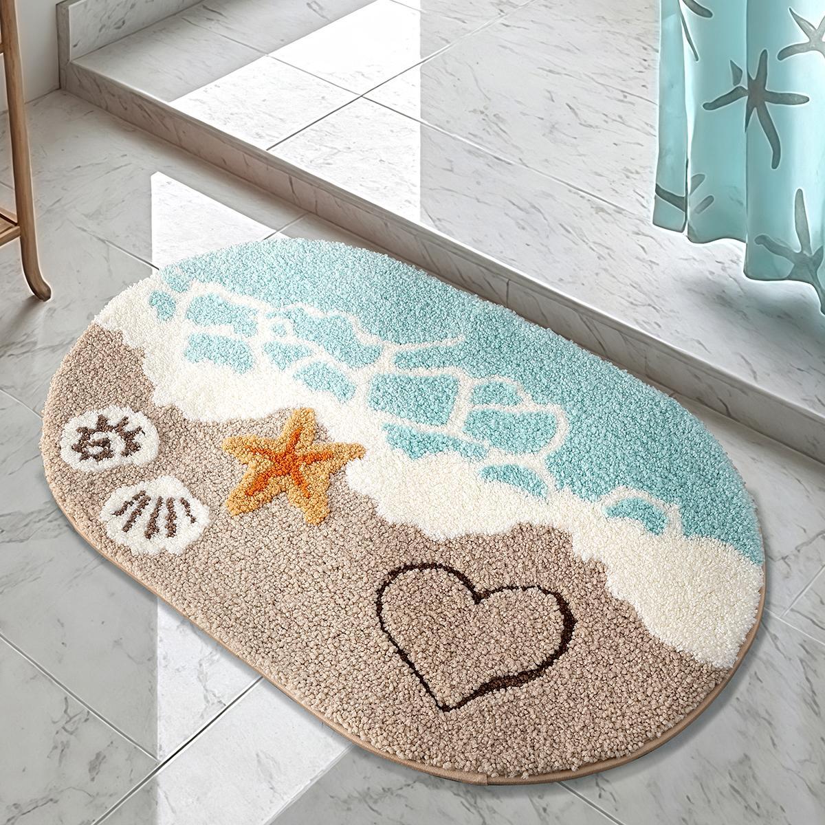 Beach & Starfish Pattern Bath Mat, Non-slip Soft Absorbent Bathroom Mat, Comfortable Bath Mat for Bathroom, Shower Room, Bedroom, Home Decor, Bathroom Decorative Mat, Water Absorbent Mat, Water Absorbent Bathmat