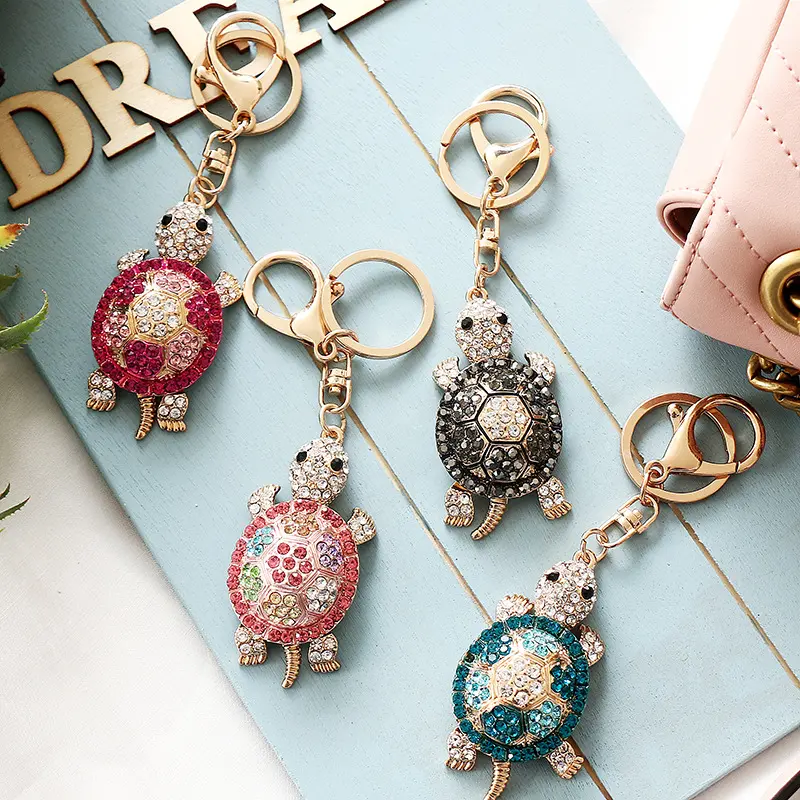 Colorful Crystal Tortoise Turtle Keychain Gold Plated Animal Rhinestone Key Ring Lobster Clasp Bag Pendant 4 Colors Multicolor Pink Black Blue White Turtle Charm Key Accessory Gift
