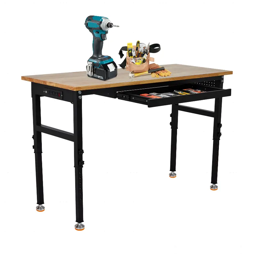 Adjustable Heavy-Duty Workbench with Power Outlets Pegboard and Hooks 2,000 lbs Capacity Rubberwood Top Ruler Scale Ideal for Garages, Workshops, Offices and Homes