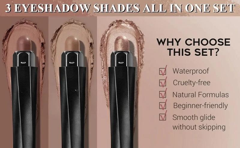 3Pcs Neutral Brown Eyeshadow Stick Set, Matte And Shimmer Creamy Eyeshadow Pencil, Shiny Pink Shadow, Waterproof Long Lasting Smoky Eye Makeup