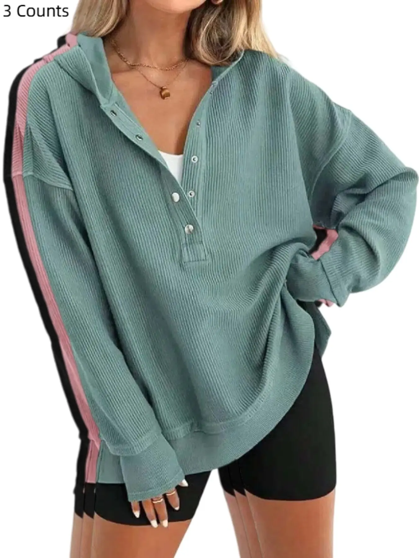 Women's Waffle Knit Hoodie Henley, Half Button Drop Shoulder, Long Sleeve Loose Fit, Casual Pullover Top, Casual Fashion Jumper, Comfortable and Stylish