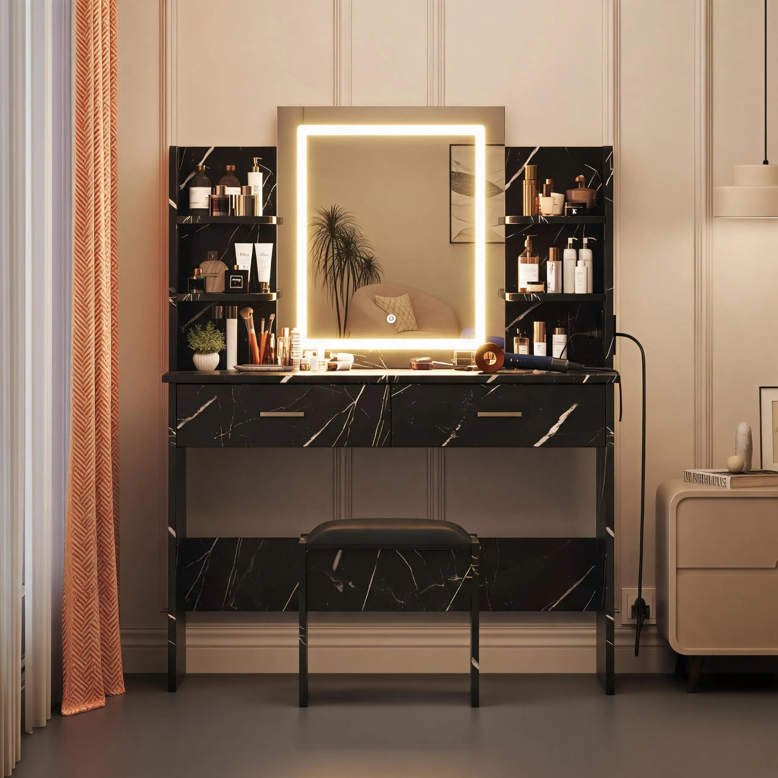 Garvee Lighted Vanity Desk with Mirror, Stool and Outlet, Marble Black