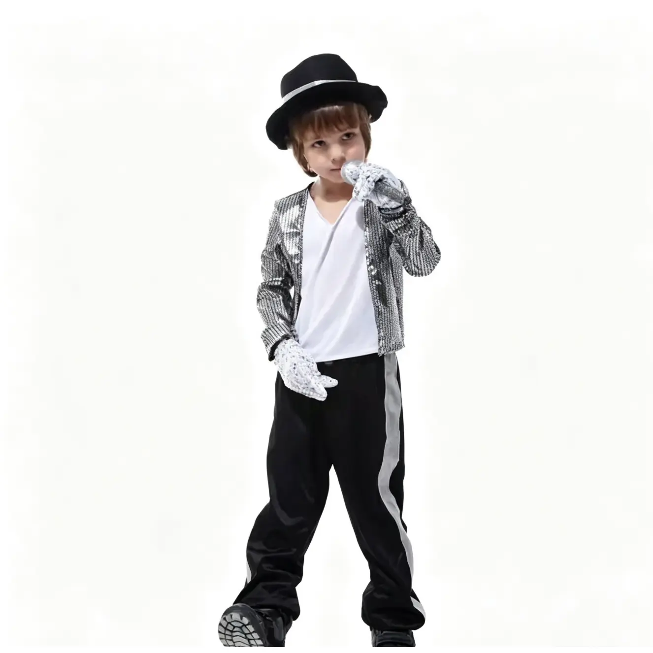 Boys' 80s Michael Jackson Polyester Cosplay Matching Set - Hip Hop Stage Outfits with Matching Hat, Gloves, Colorblock Letter Design for Halloween Dress Up