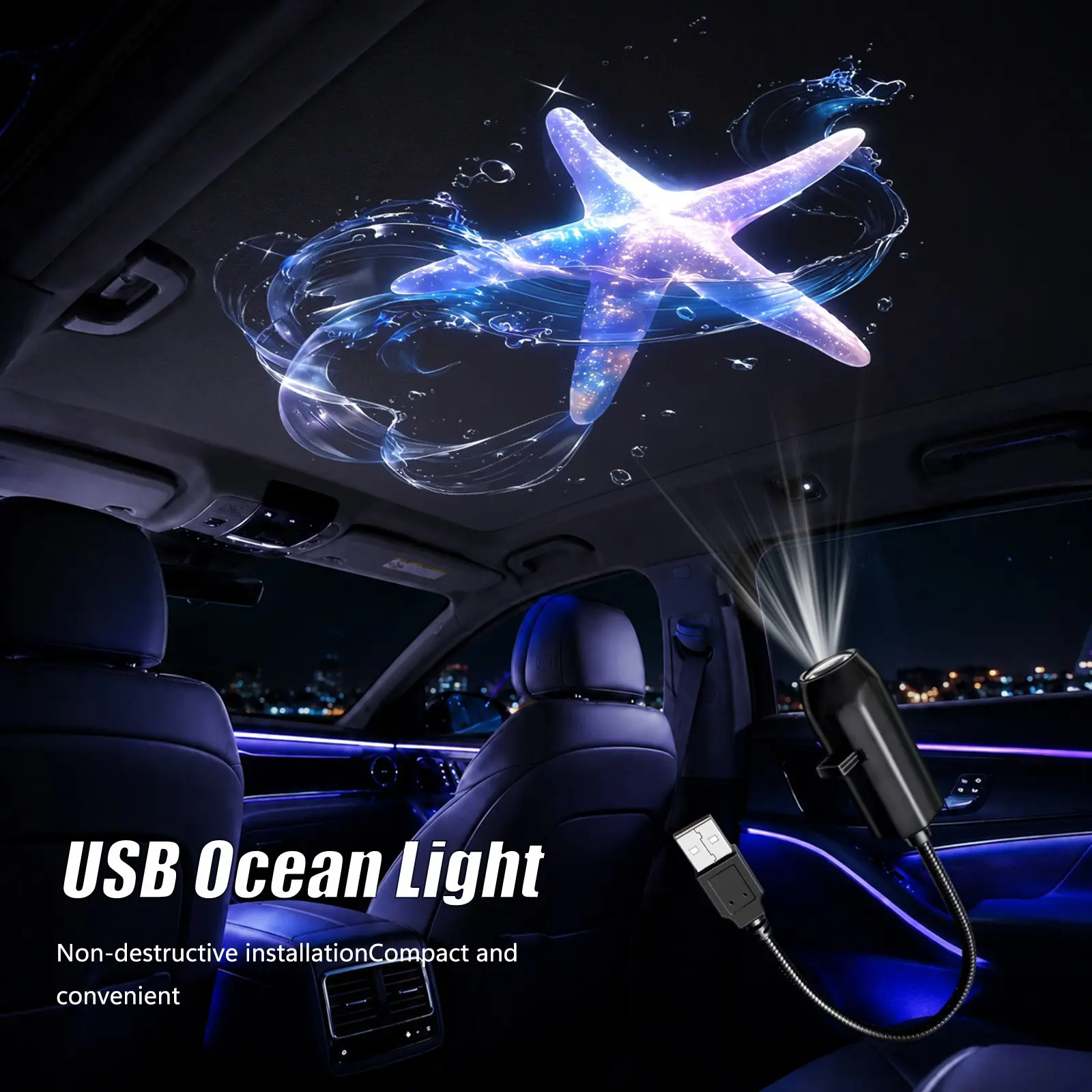 Ocean Night Light Projector, USB Powered Underwater Projection Lamp for Bedroom Ceiling, Sea World Atmosphere Light for Kids Room, Home Decor and Bedtime Relaxation