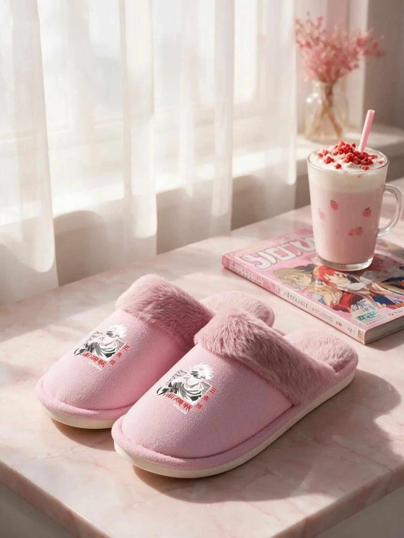 Jujutsu Kaisen Satoru Gojo Winter Fuzzy Slippers, Soft Plush Indoor Warm House Slides for Men Women Anime Fans