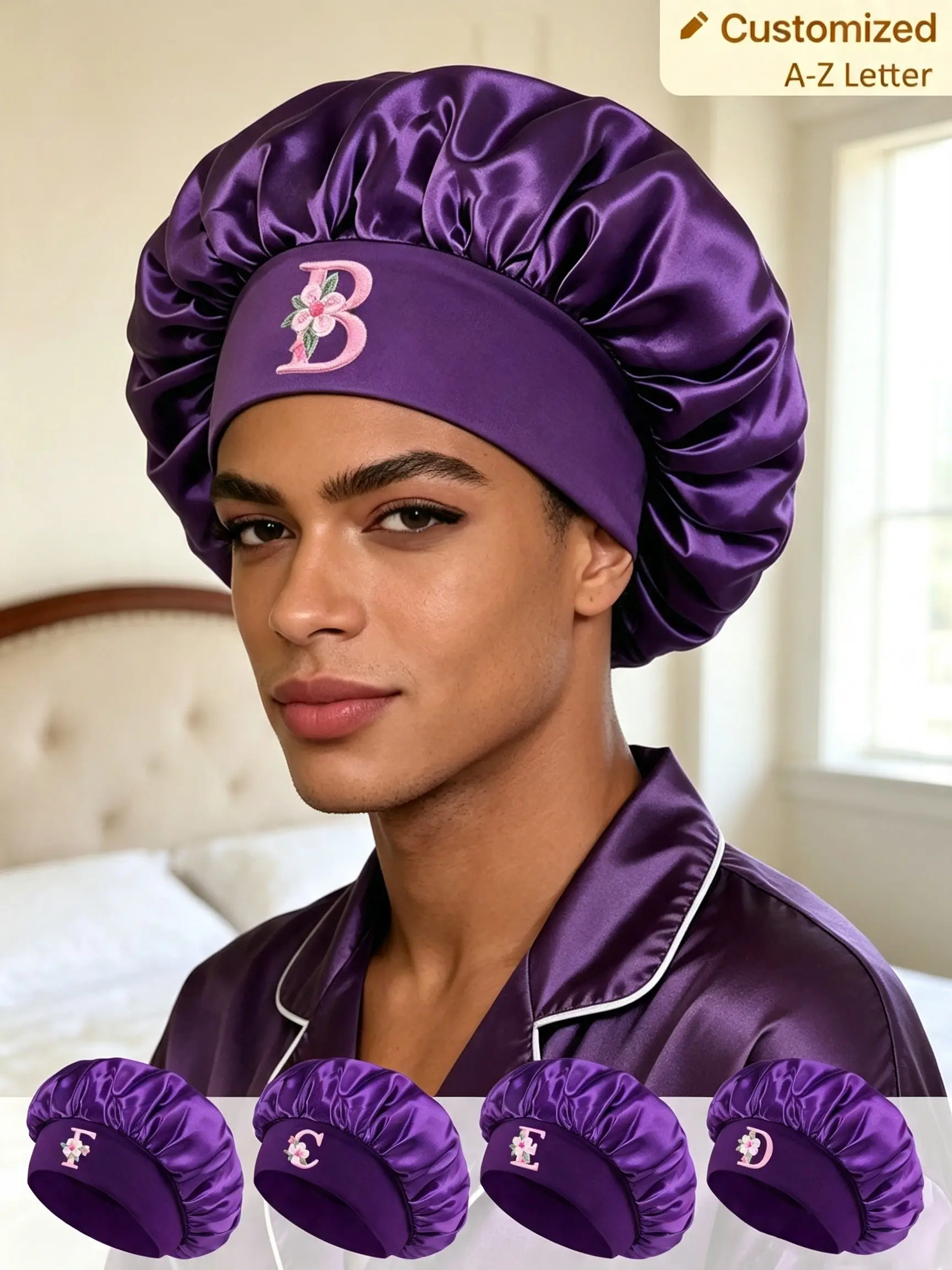 1PC Purple Sleep Bonnet With Custom A-Z Letters, Smooth Draping Hair Cap, Lightweight Breathable Hair Wrap, Multi-Purpose Hair Cover For Pre-Sleep Skincare And Daily Hair Maintenance, Thoughtful Graduation Gift Suitable For Best Friends And Sisters