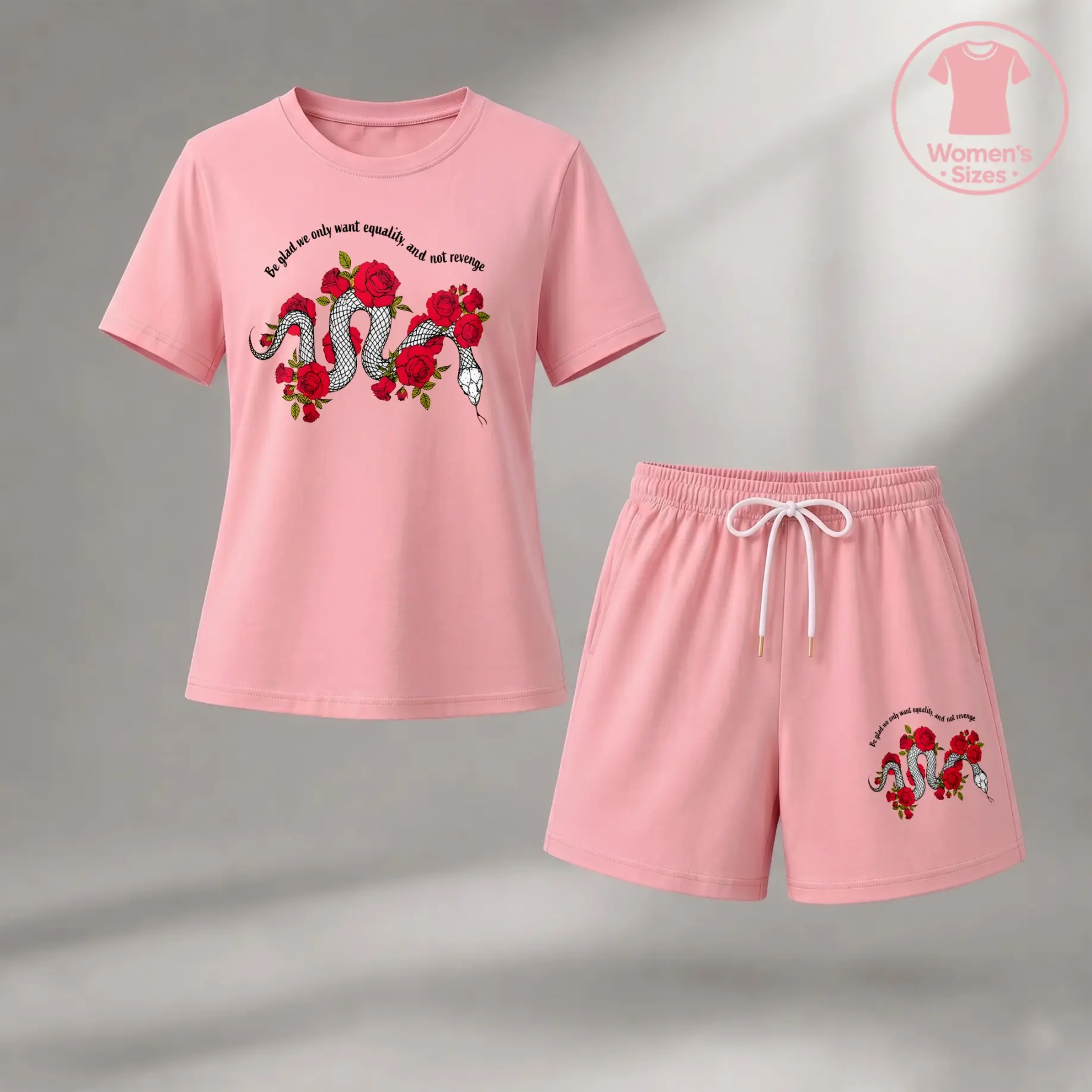 Women’s Equality Message Rose Snake T-Shirt and Shorts Set, Statement Graphic Two Piece Outfit for Daily Life, Social Events, Travel and Weekend Wear