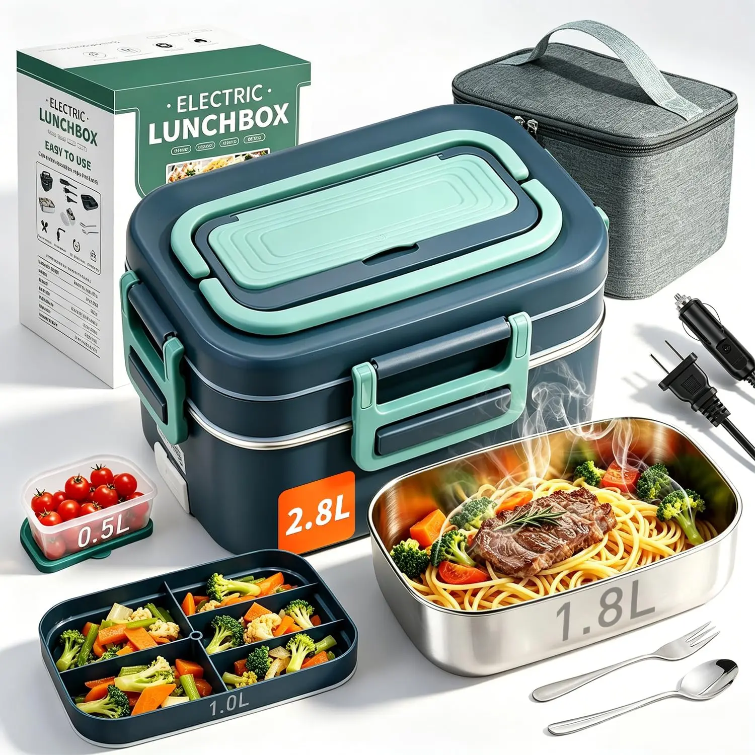 Electric Heated Lunch Box for Adults, 2-Layer, 2.8L + 0.5L, 100W