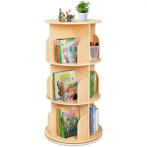 Kids 360 Degree Rotating Bookshelf Small Corner Bookcase for Small Space 3 Tier Floor Standing Bookcase Storage Rack Wooden Narrow Book Organizer for Bedroom Living Room