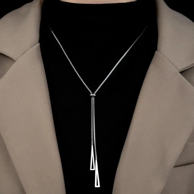 Simple Geometric Metal Long Tassel Sweater Chain Necklace For Women Men Triangle Sliver Winter Coat Metal Chain Necklaces