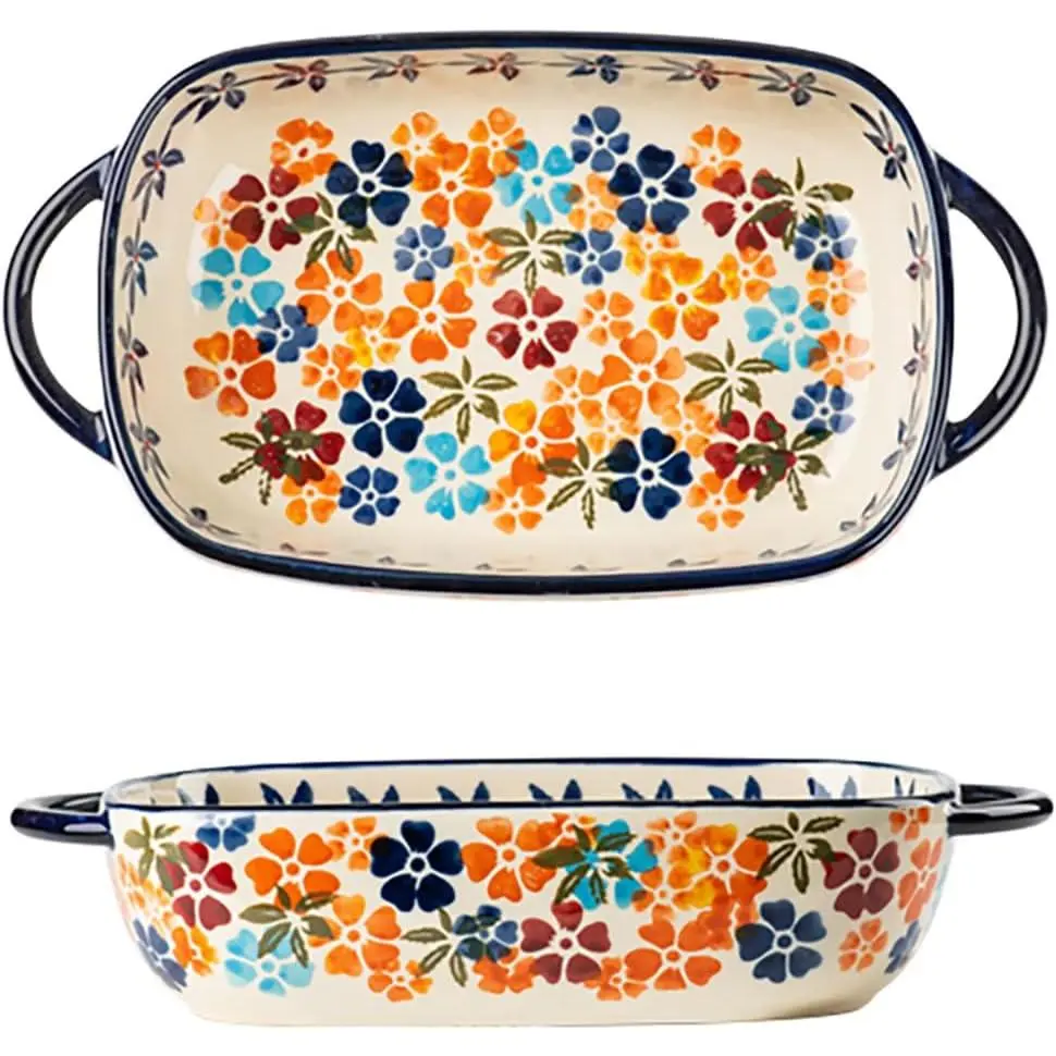 Colorful Cherry Blossom Vintage Style Ceramic Bakeware Casserole Baking Pan Lasagna Pan with Handles for Oven Cooking Kitchen 1 PCS 22 oz