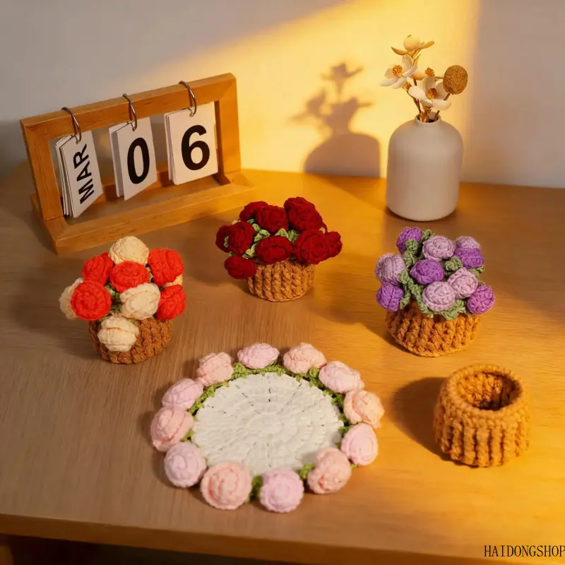 Cottagecore Cozy Viral Hand Crochet Flower Bouquet Coaster, Soft Cotton Yarn Anti-Slip Heat Insulated Cup Mat, Cute Handmade Table Decor Accessory For Home Office Daily Styling & Housewarming Gift,heart,choker,