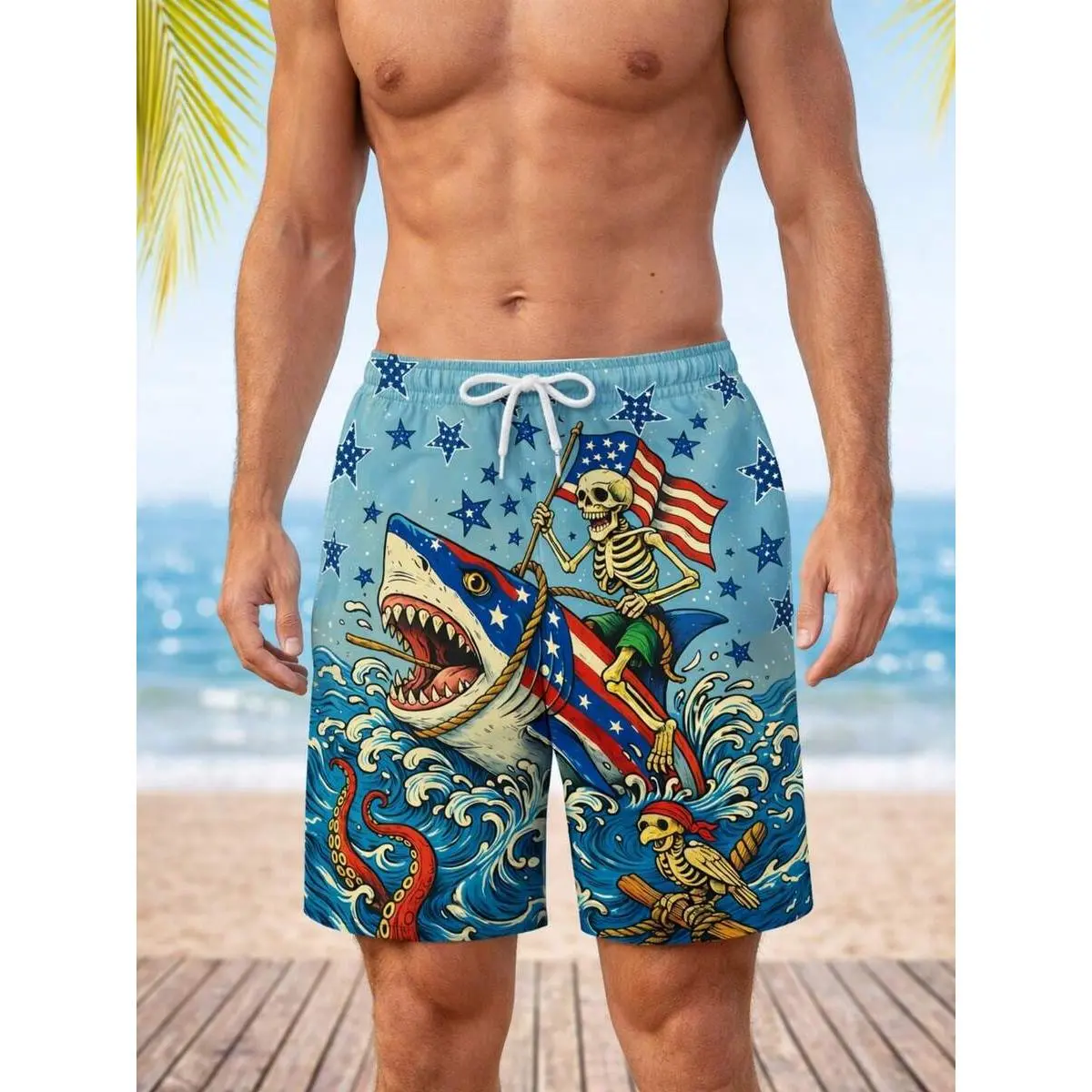 Men's Quick Dry Breathable Swim Shorts, American Flag Skull Shark Graphic Beach Shorts, Patriotic Novelty Swim Trunks, Great Gift For Him, Beach Holiday, Pool & Ocean Surf Casual Outfit