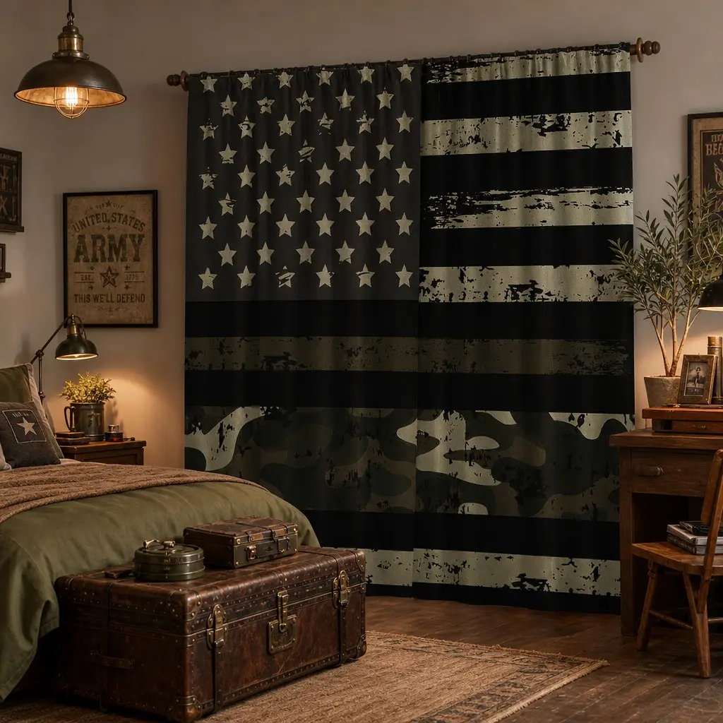 2D Plain Usa Flag Camouflage Print Curtains, Insulated Semi-Blackout Bedroom Kitchen Living Room Decor, Fiber Balcony Curtains (without Rod)