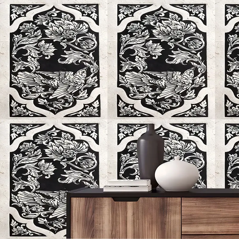Black White Bird Peony Tile Peel And Stick Wallpaper Vintage Oriental Block Print Removable Self Adhesive No Residue Easy Install Contact Paper For Family Friends Colleagues Bedroom Furniture Kitchen Bathroom Multi Home Decor