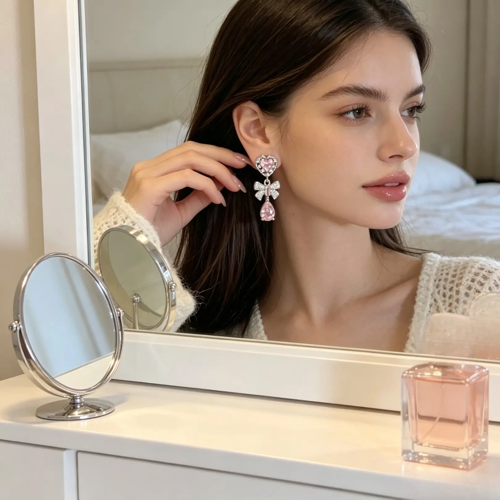 Pink Bow Earrings, Heart Shaped Earrings, Synthetic Zirconia Dangling Earring Jewelry Gift for Birthdays & Anniversaries Daily Accessories for Her, Fashionable Earrings