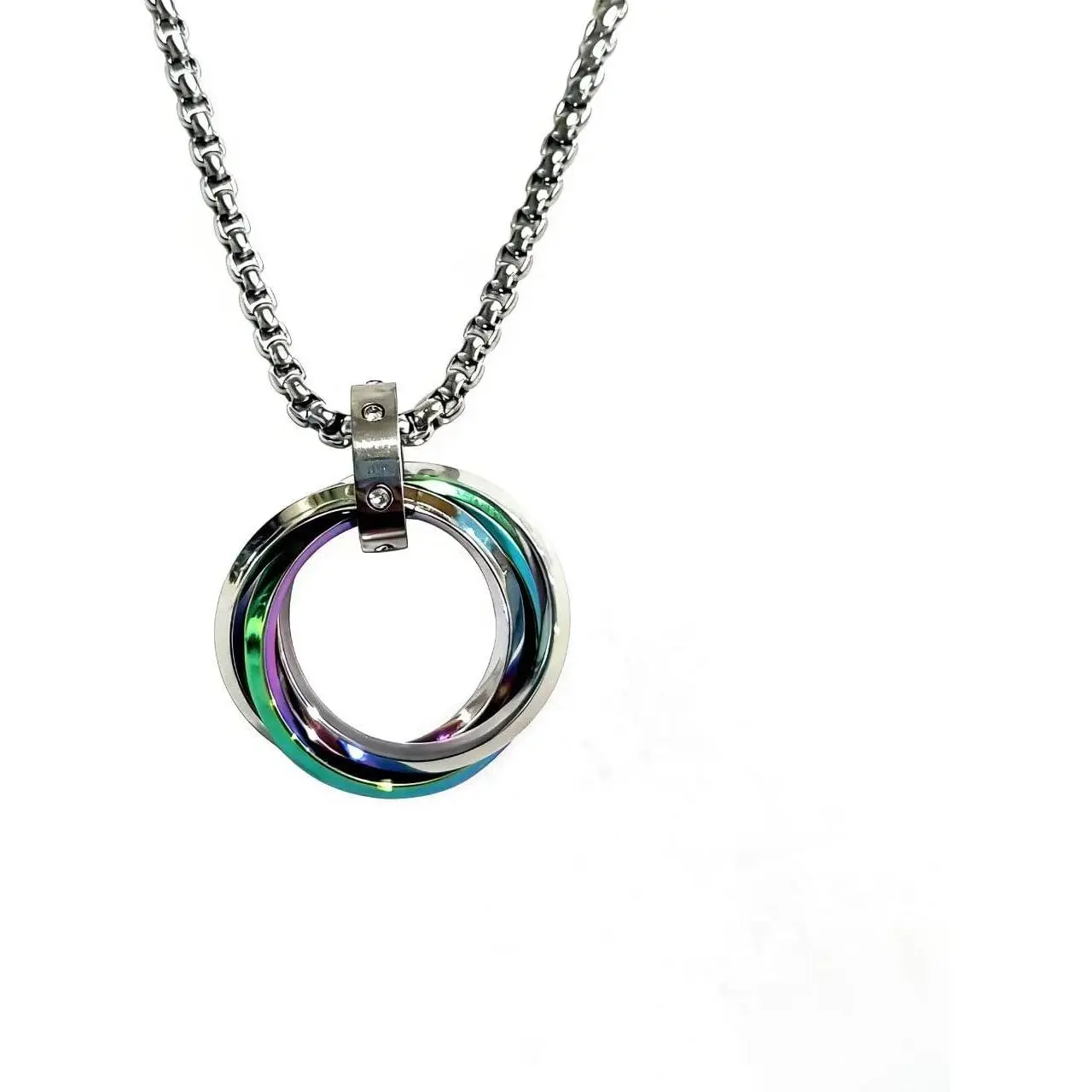 Three Interlocking Ring Pendant Necklace for Men Women, Stainless Steel Adjustable Geometric