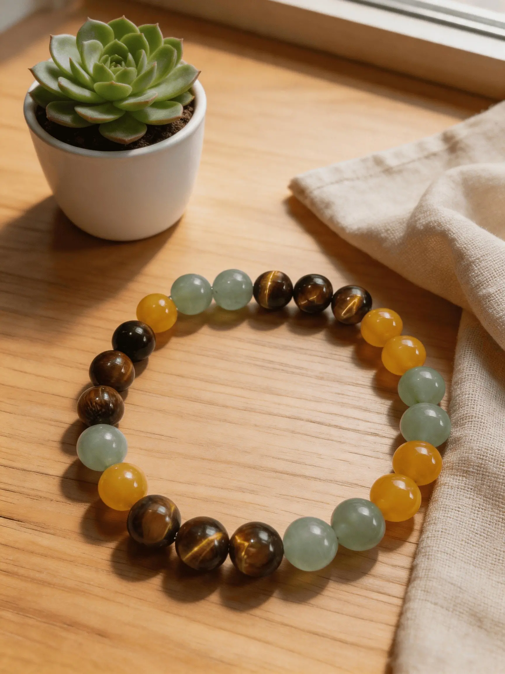 Natural Mixed Crystal Bracelet - Tiger Eye, Green Aventurine, Yellow Agate | Wealth & Opportunity For Confidence, Opportunity & Positive Energy | Handcrafted 8mm Beaded Elastic Bracelet Stretch Bracelets Gemstone Bracelet