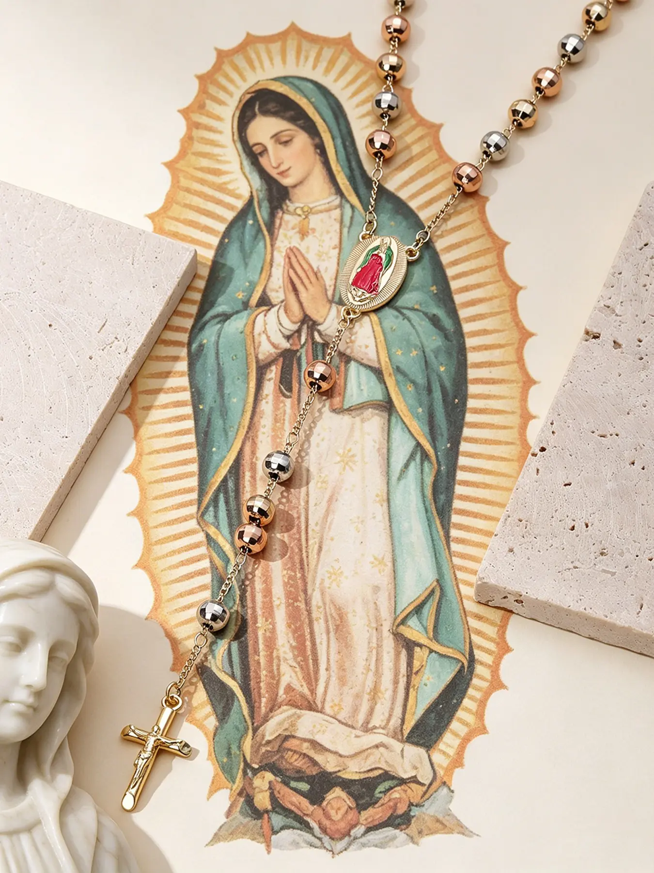 Catholic Rosary Sweater Chain, Tricolor Prayer Beads, Virgin Mary Enamel Medal, Jesus Crucifix Pendant, Daily Prayer Jewelry, Faith Necklace