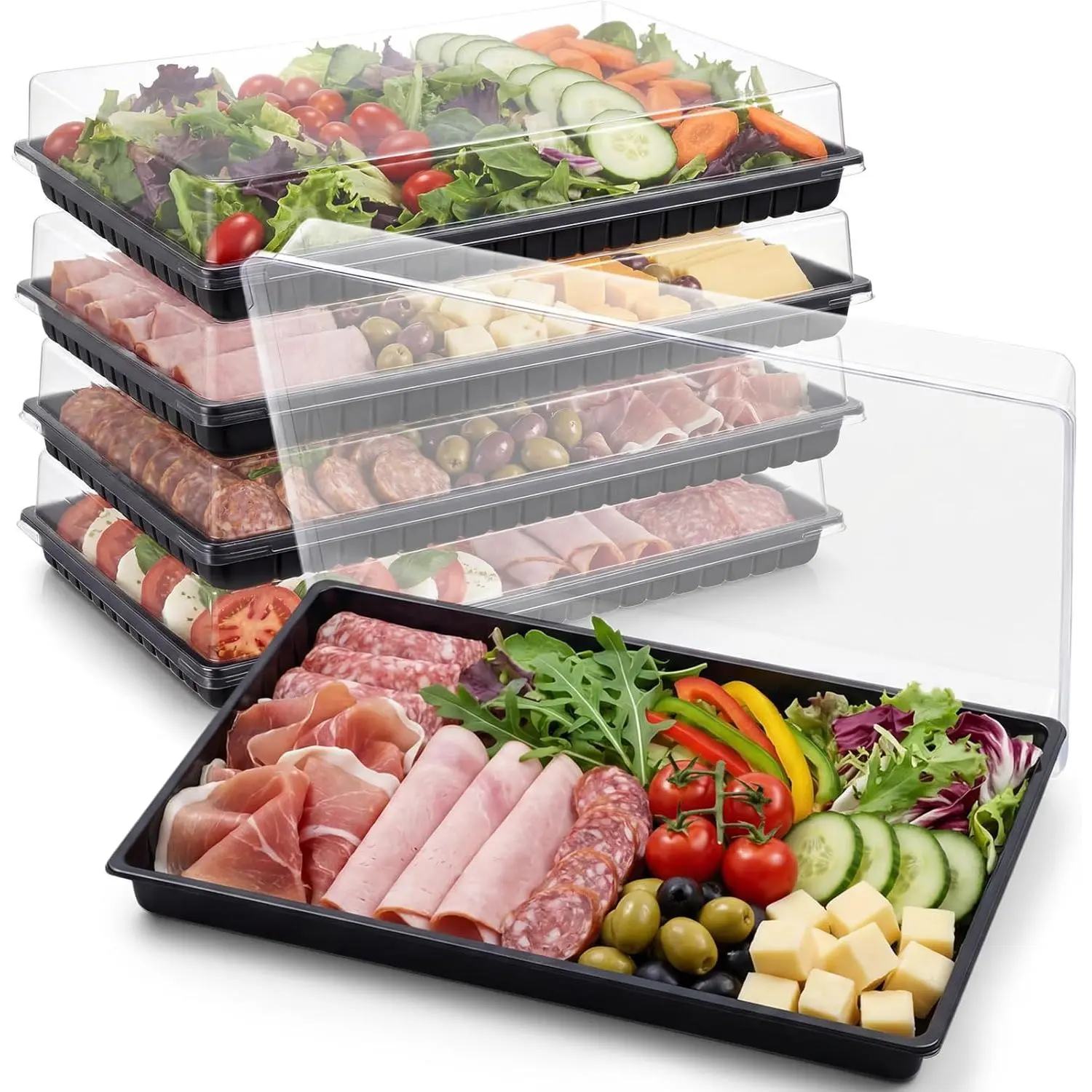 5 Pack Extra Large Charcuterie Board with Lids, 18 x 12 Inch Plastic Catering Trays for Cookies, Desserts, Candy, Reusable Serving Platters for Travel Party