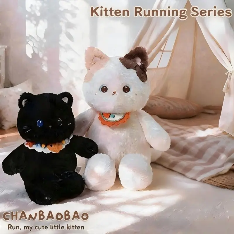 Cute Black Cat Plush Stuffed Animal, Soft Fluffy Kitten Plush Toy with Handmade Crochet Fish Collar, Adorable Kitty Plushie Pillow, Kawaii Decor Cuddly Doll Gift for Girls, Kids & Cat Lovers