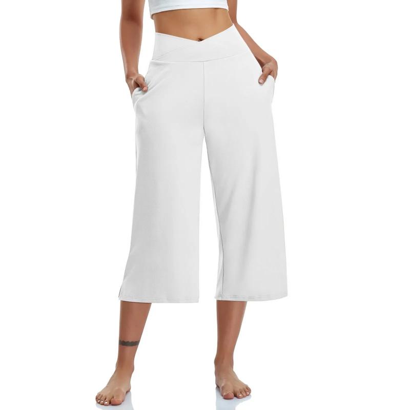 Women  Elastic High Waist 3/4 Pant Casual Active  Fit Wide Capris Leg Pants Trousers With Pockets Pants for Women Womens Pants Girl Fashion Blue Red