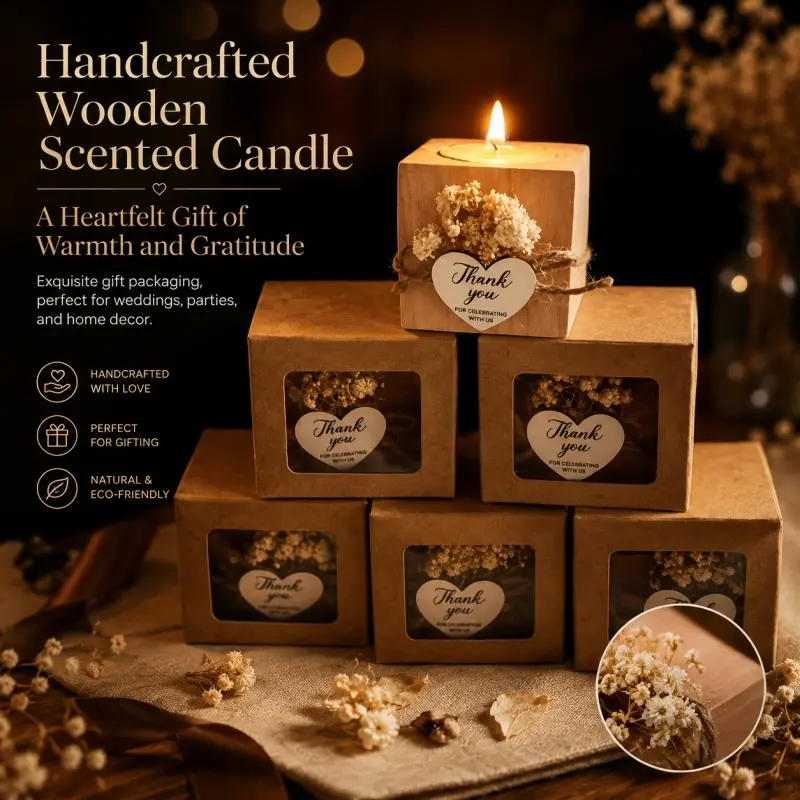 6Pcs Retro Wooden Style Tealight Holders, matched with dried flowers and thank-you tags. Handmade candle cups with exquisite gift box packaging, ideal for wedding favors, parties and home decoration.