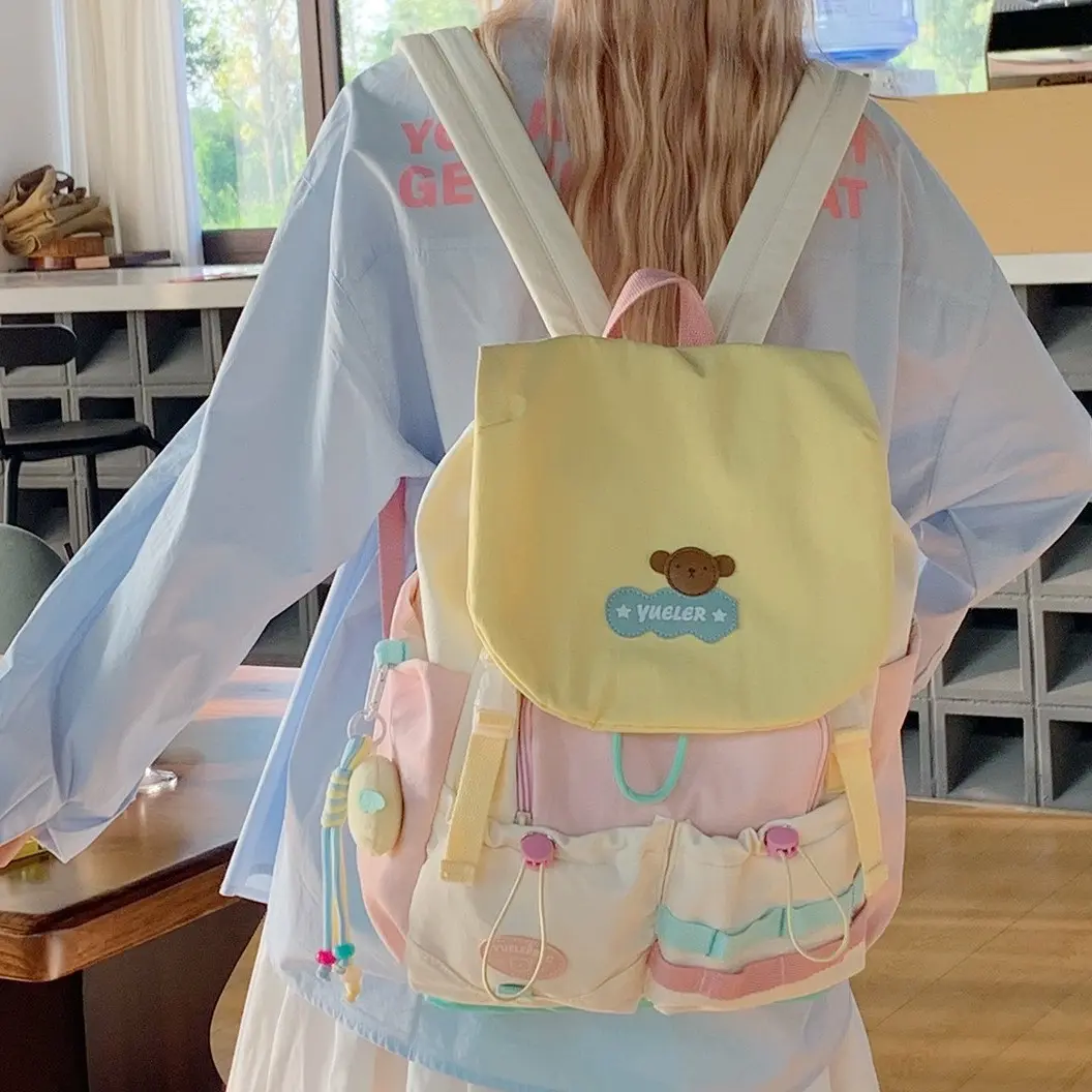 2026 new forest-style ins high-appearance fresh and sweet color-blocking dopamine backpack for middle and high school students, lightweight double-shoulder bag