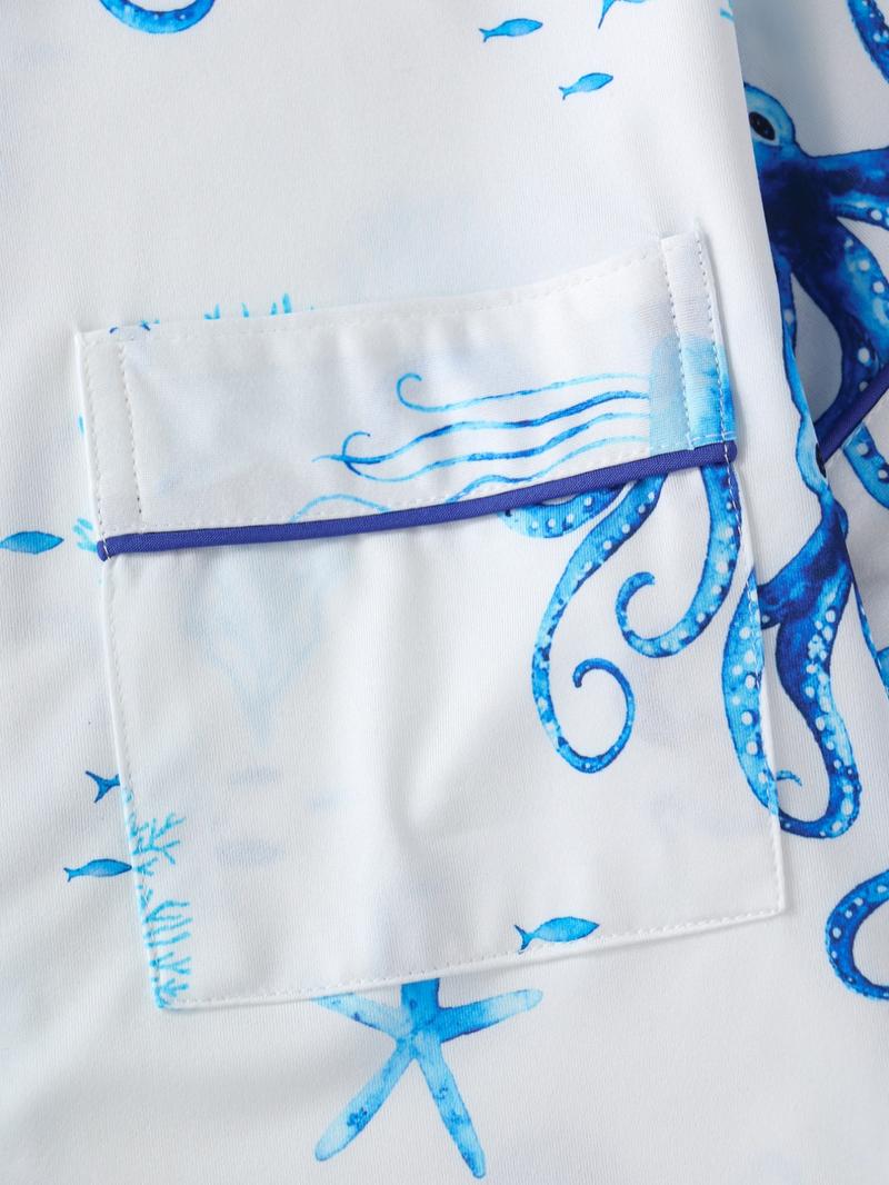 Women's Octopus Print Button Front Shirt & Shorts Pyjama Set, Comfort Two-piece Pj Set for Homewear, Women's Sleepwear for All Seasons, Womenswear, Summer Sleepwear Set