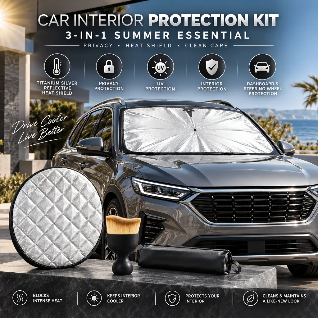 3pcs Premium Car Interior Protection Kit, Titanium Silver Windshield Privacy Sunshade, Heat Shield Steering Wheel Cover & Detailing Brush Set