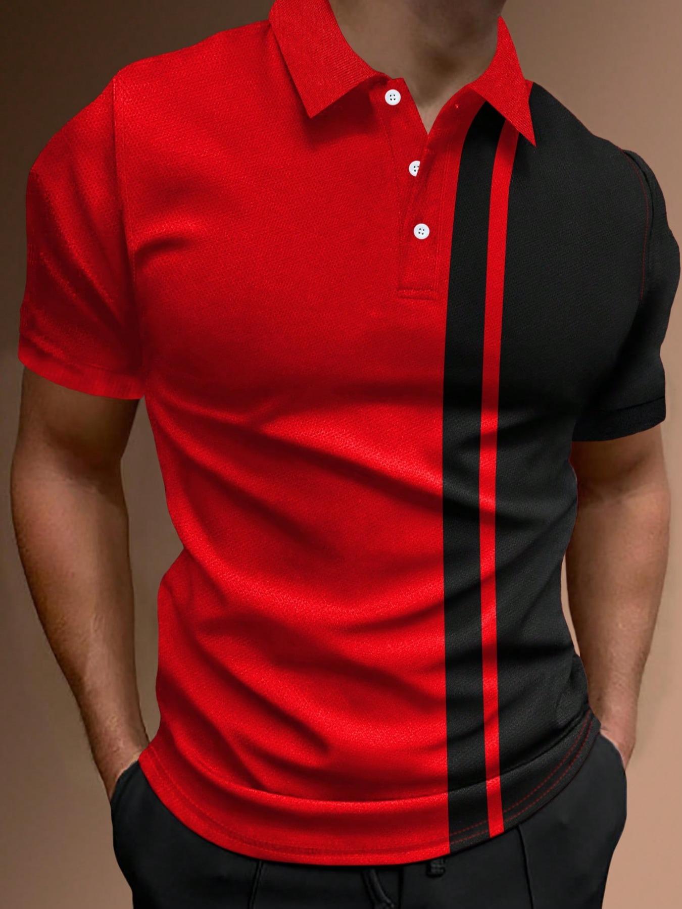 Men's Regular Fit Colorblock Stretch Short Sleeve Classic Polo Shirt, Casual Button Front Top for Summer, Fashion Men's Clothes for Daily Streetwear, Boys Clothing