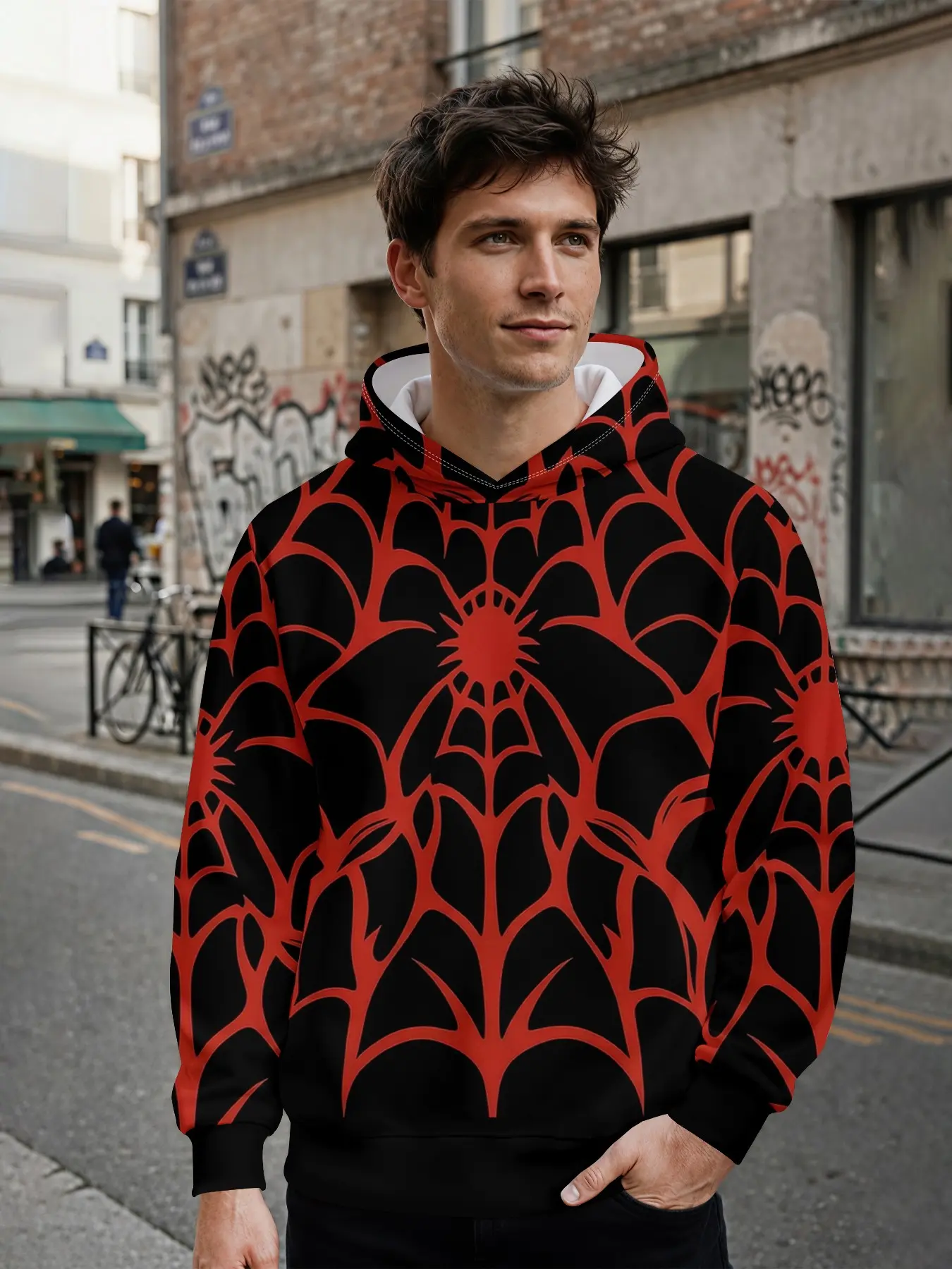 Men's hoodie with 3D digital all-over print of red spider webs on black background. The all-over graphic design makes it eye-catching for daily street looks and music festival outfits, and it is an ideal holiday gift for men.