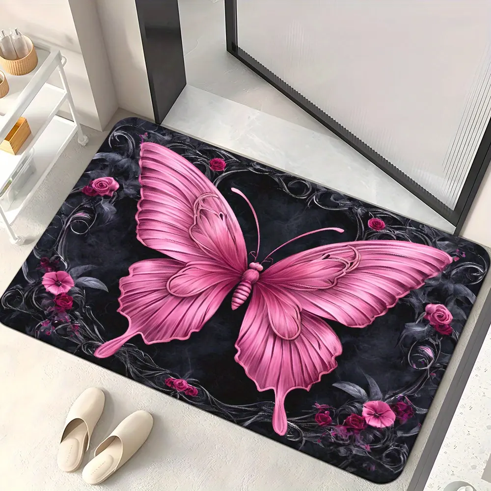 Dreamy Pink Butterfly Non-Slip Door Mat – Machine washable, water-absorbent flannel rug, suitable for bedrooms, living rooms, and bathrooms – a perfect choice for both home decor and outdoor use.