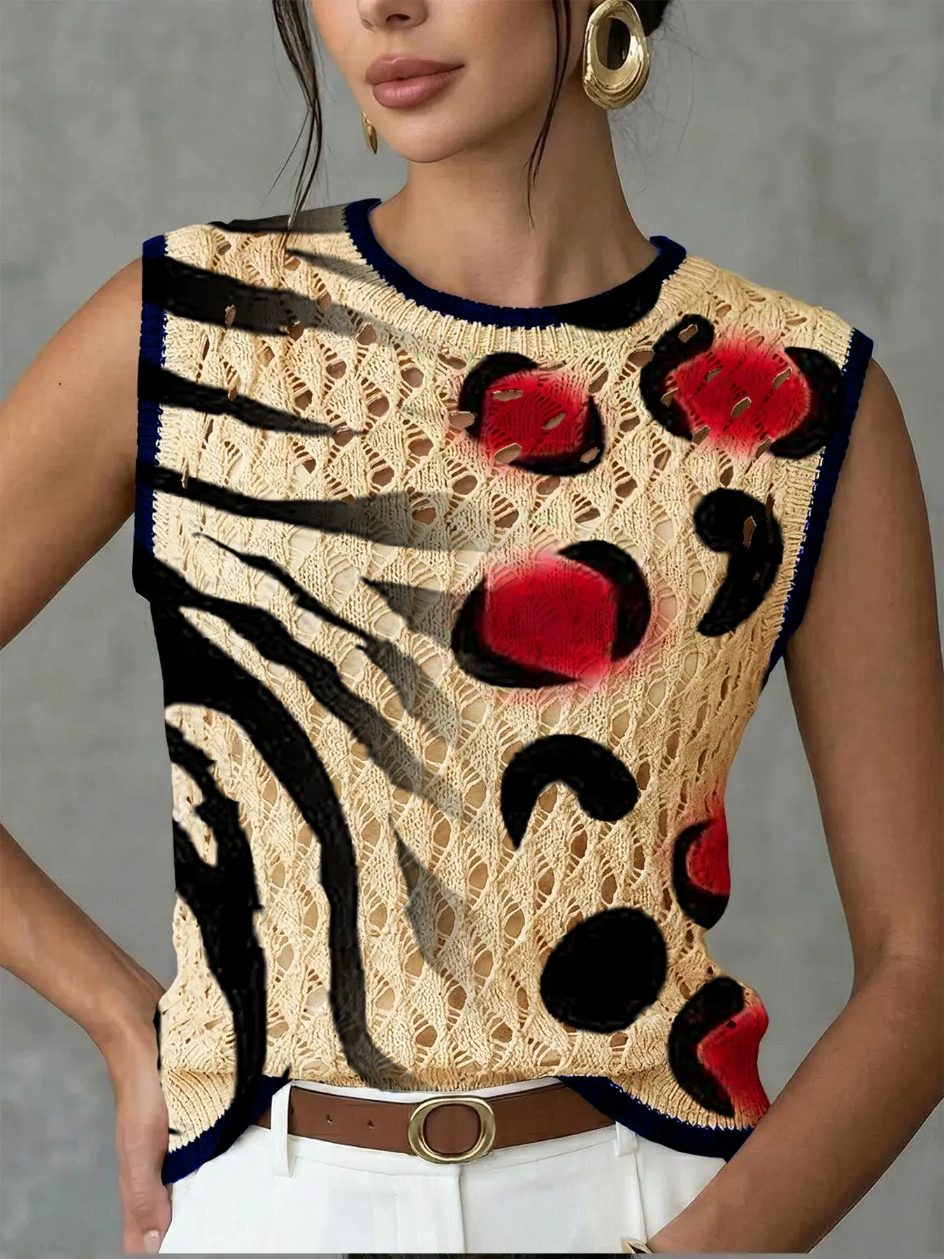 Women's Elegant Leopard Print Round Neck Sweater Vest, Casual Sleeveless Knit Top, Breathable Summer Clothing, Hollow Out Design