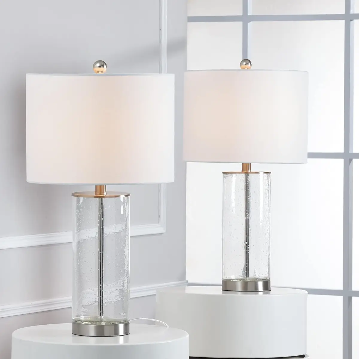 23.25'' Nickel Clear Glass Table Lamps Set of 2, Modern Bedside Lamp With Clear Bubble Glass Glass Body, 3 Way Dimmable End Table Lamp With White Fabric Shade For Living Room, Bedroom, Office, Study