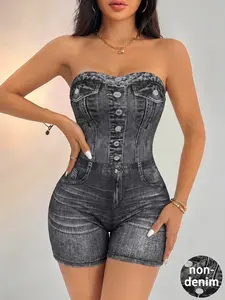Women's Denim-Effect Printed Button Tube Romper, Casual Strapless Skinny Bodycon Jumpsuit for Summer Daily Outdoor Wear