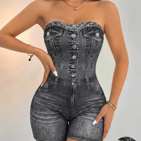 Women's Denim-Effect Printed Button Tube Chic Romper, Casual Strapless Skinny Bodycon Jumpsuit for Summer Daily Outdoor Wear