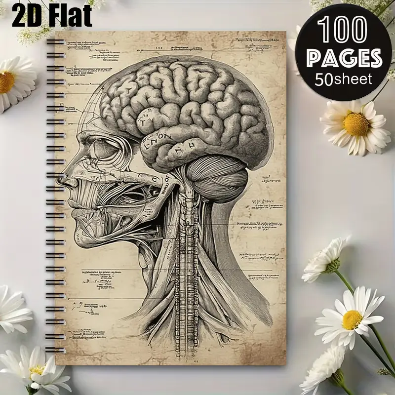1 Spiral Coil Notebook 5.7x8.26 inch, Vintage Brain Anatomy Design, Premium Lined Pages, Durable Binding, Ideal for Medical Study Notes, Science Class Journal, College Student Supplies, Christmas Gift for Science Enthusiasts, Back to School Statione
