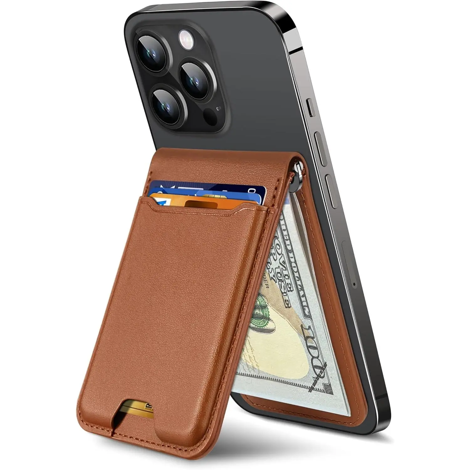for Magsafe Wallet with  Clip,   Wallet for  17/16/15/14/13/12 Series, Adjustable Stand, ID Window, 5 Card Holder, RFID Blocking, Not for 13/12 Mini, Brown