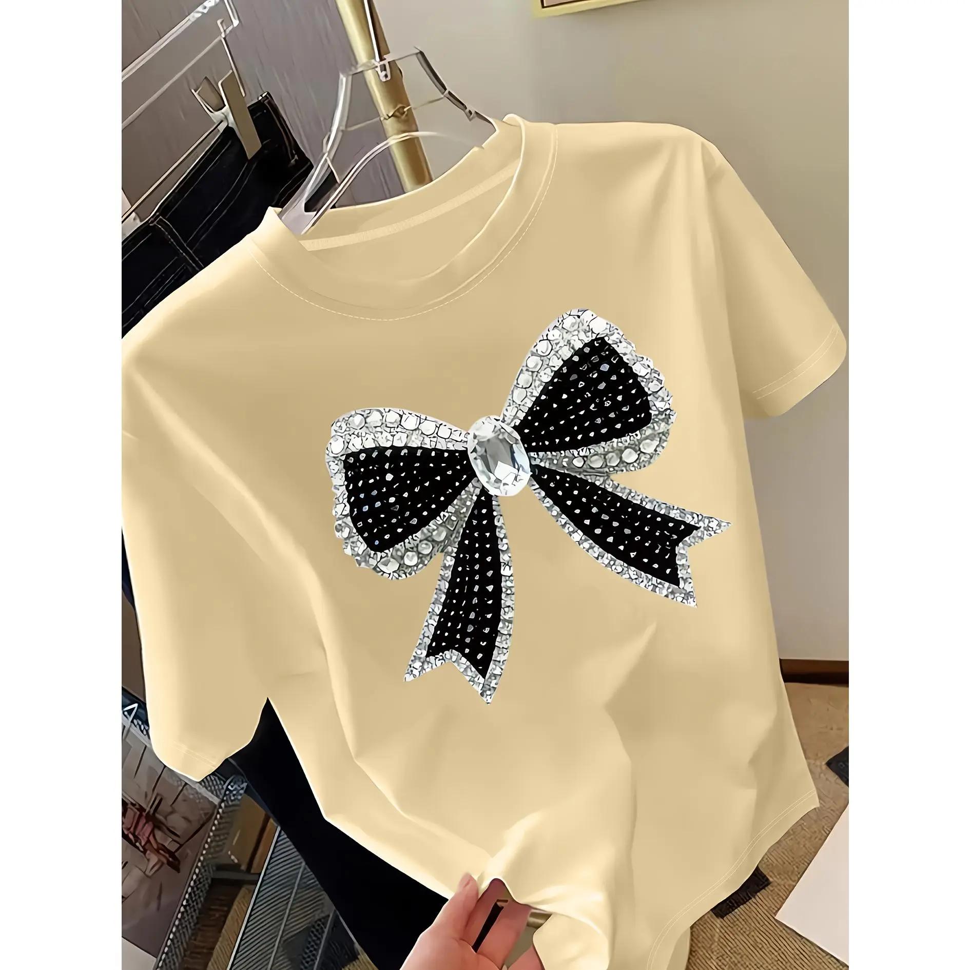Black Women's Short-sleeve T-shirt, Shiny Silvery Sequin Bow Print Design, Round Neck Casual Fashion Trendy Top