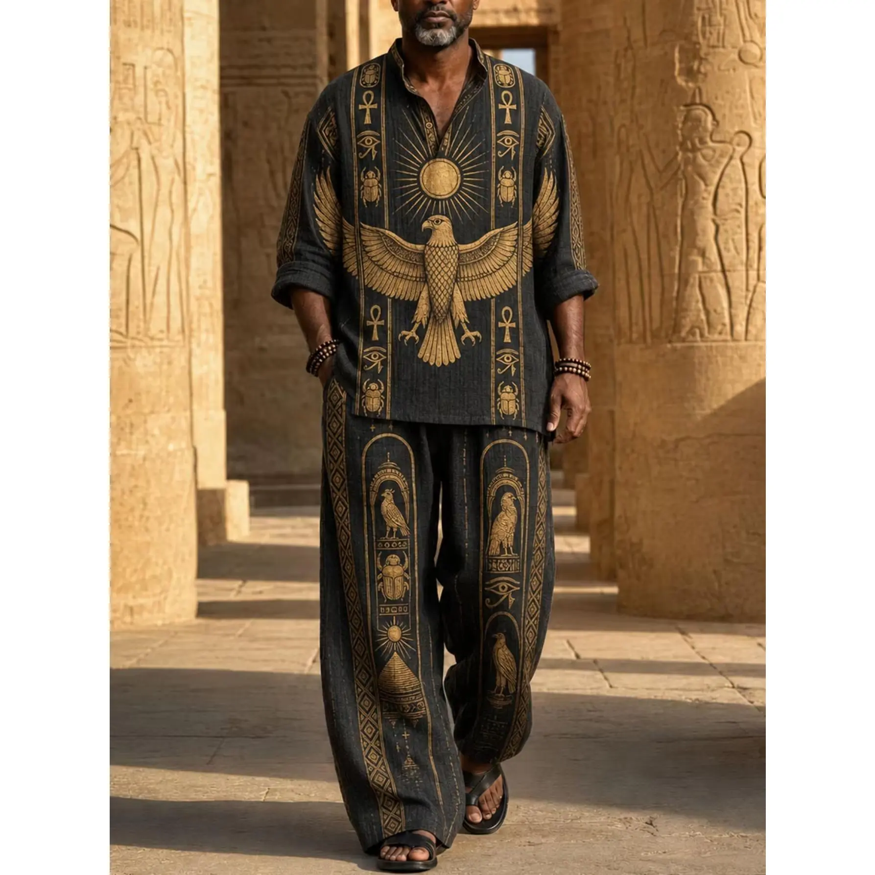 Men's 2-Piece Linen Pants & Top Set - Stand Collar Half-Placket Long Sleeve Shirt, Drawstring Wide-Leg Pants, Ancient Egyptian Eagle Totem Print, Loose Bohemian Casual Outfit