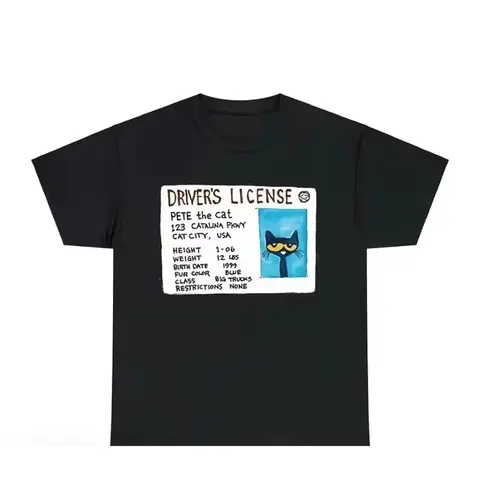 Pete the Cat Driver's License Character Print Kids' Sports Top - 100% Cotton Youth Tee, Casual Wear, Standard Size for Picture Book Fans, Multiple Colors Available, Character Print Shirt
