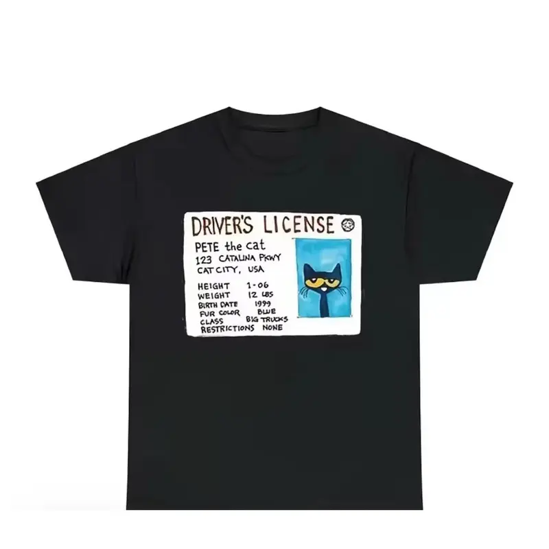 Pete the Cat Driver's License Character Print Kids' Sports Top - 100% Cotton Youth Tee, Casual Wear, Standard Size for Picture Book Fans, Multiple Colors Available, Character Print Shirt