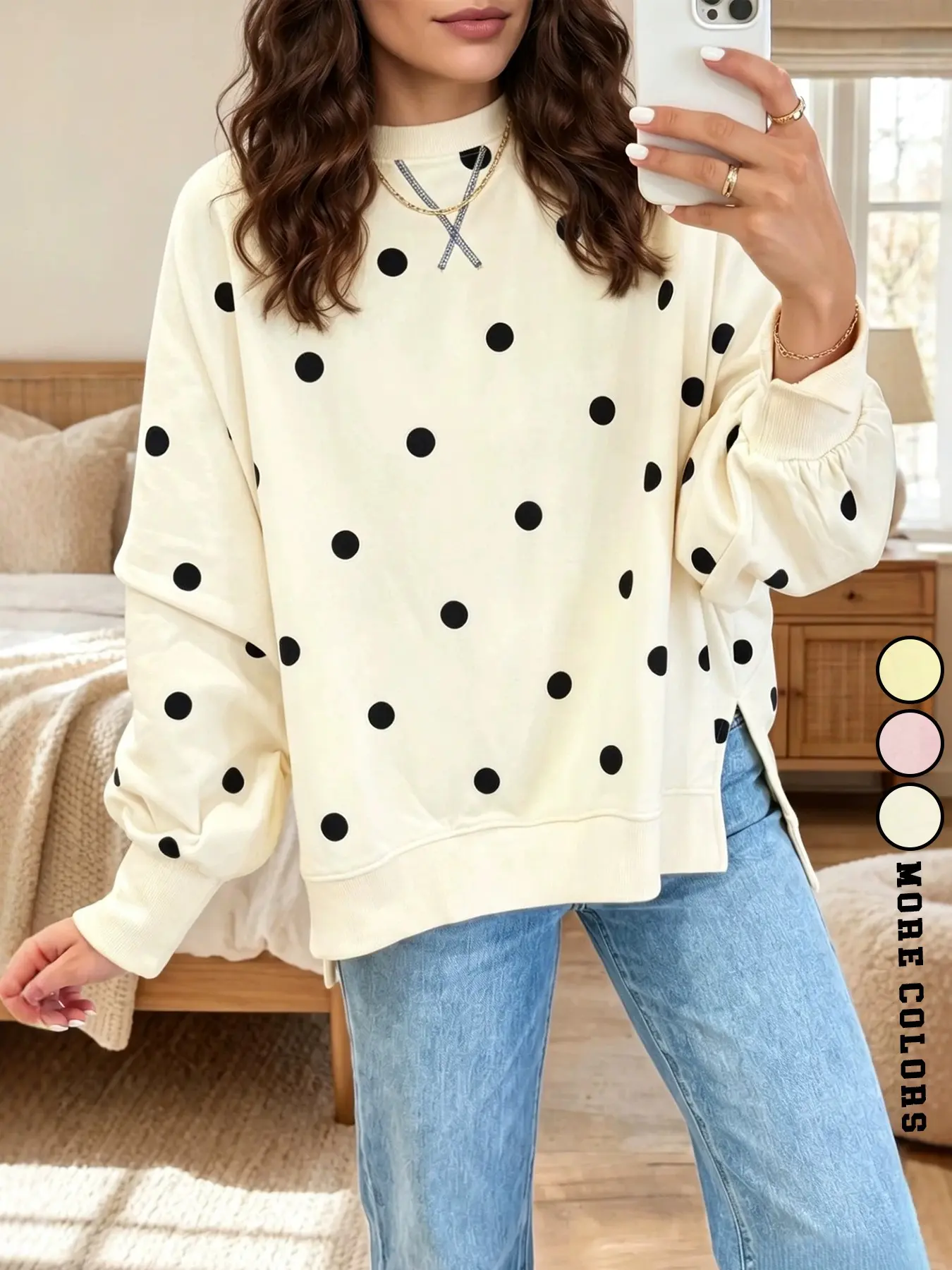 Women's Fall Winter Comfortable Sporty Sweatshirt, Casual Polka Dot Round Neck Long Sleeve, Home Office Outdoor Streetwear