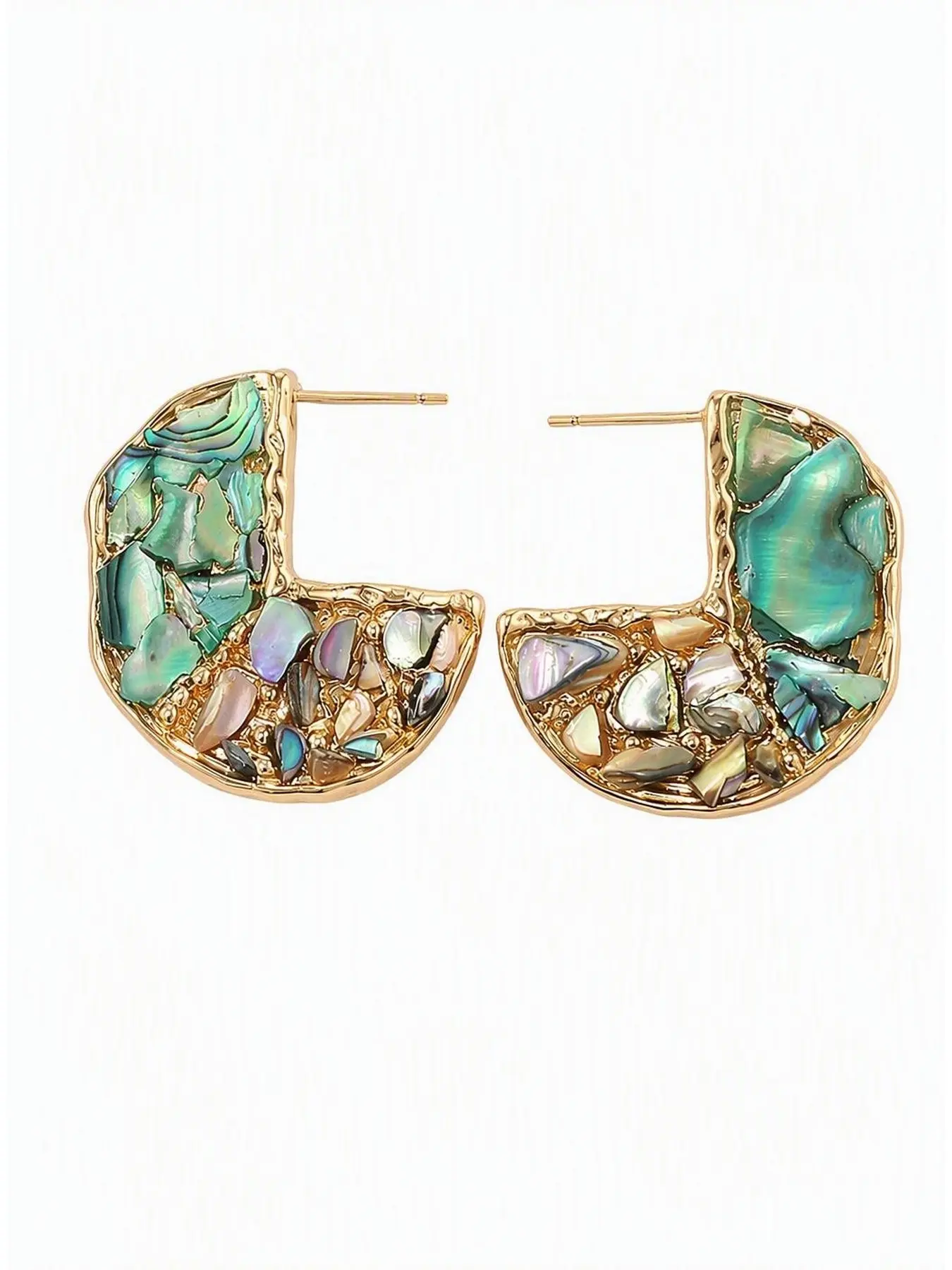 Composite Abalone Shell Mosaic C Shaped Stud Earrings, Boho Irregular Inlay Gold Tone Earrings, Vintage Handmade Statement Jewelry for Women Vacation Party Daily Wear