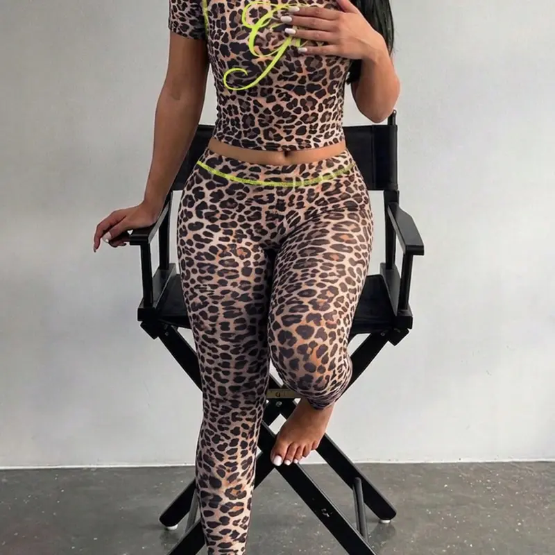 Lw Sherowear Leopard Print Two-Piece Set, Casual Fitted Outfit, Short Sleeve Top and High-Waisted Pants for All Seasons