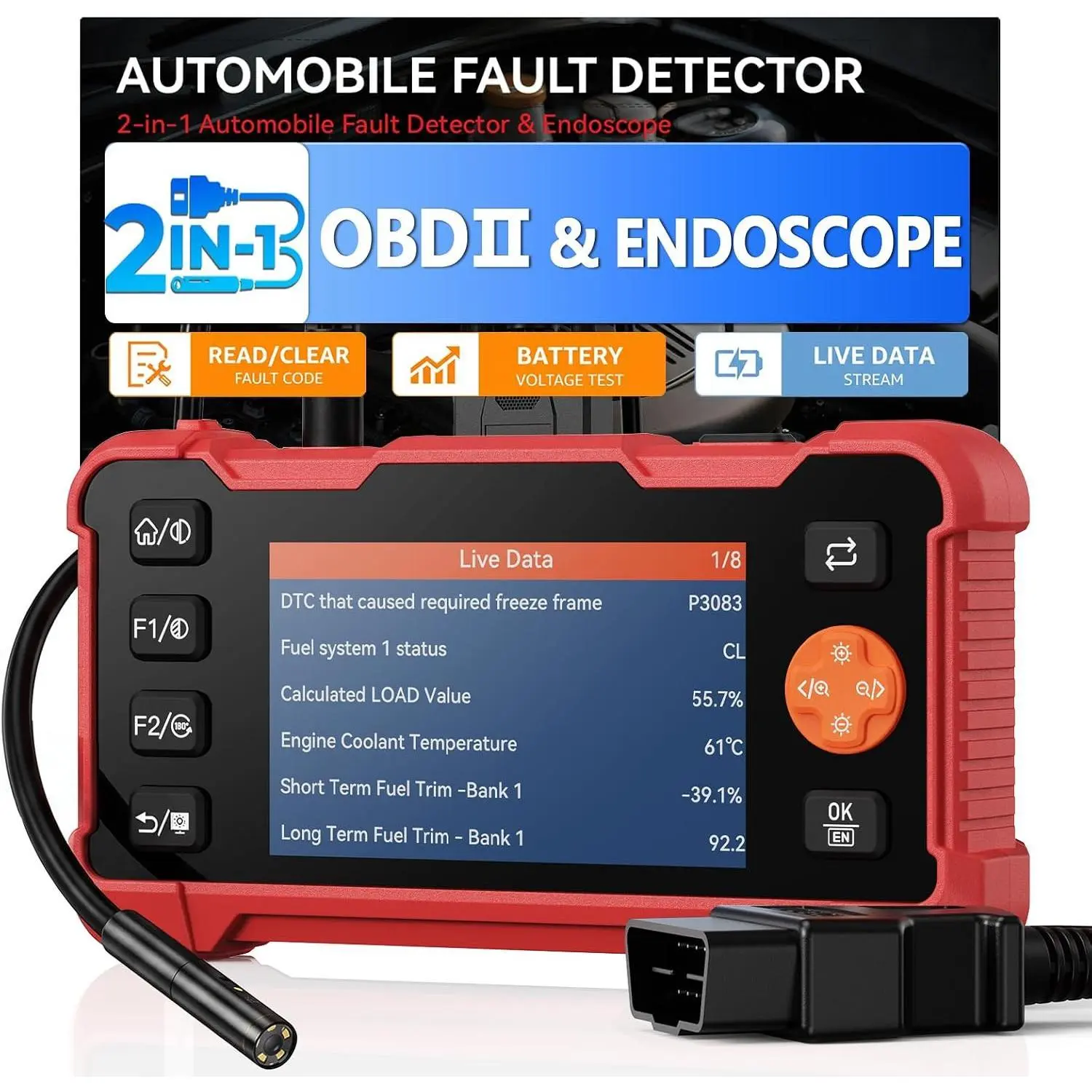 2-in-1 OBD2 Scanner & Endoscope Camera with Light, Universal Car Engine Fault Code Reader, Flexible Snake Borescope Inspection Camera, Multifunctional Automotive Mechanic Tool for Car Accessories